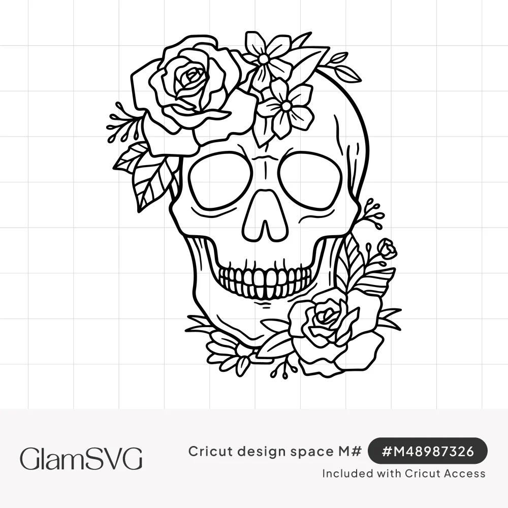 Black line art illustration of a human skull with roses, small flowers and leaves on top and at the jaw