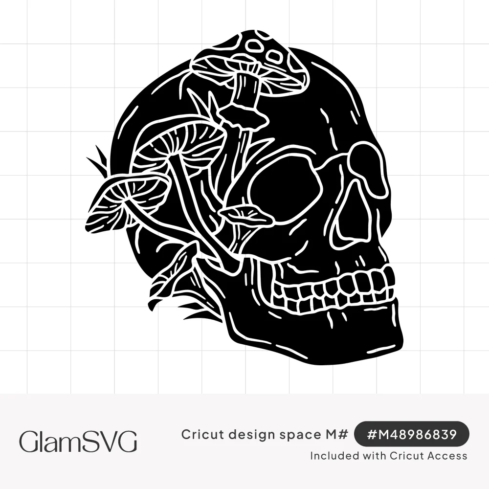 Black skull in three-quarter view with white line details, mushrooms and toadstools growing from its head and grass at the ja