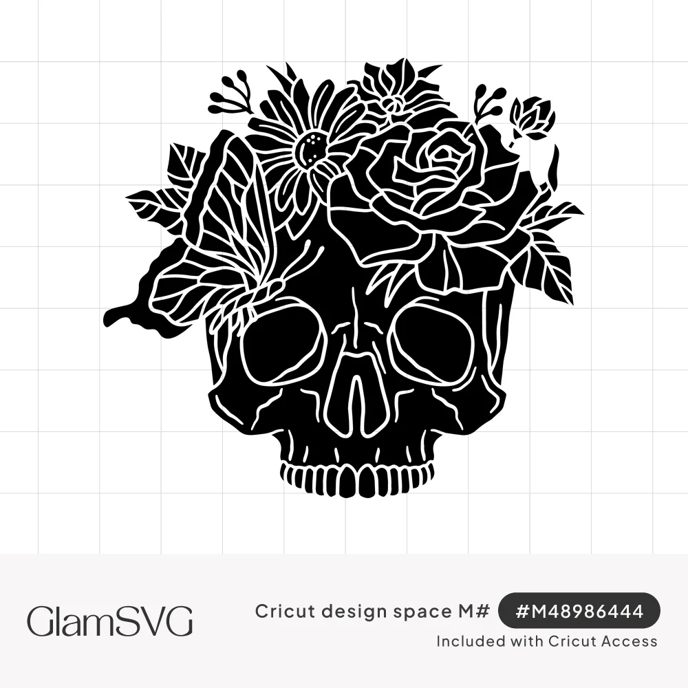 Black silhouette skull crowned with a rose, daisy, buds and leaves, with a butterfly on one side, in white line detail