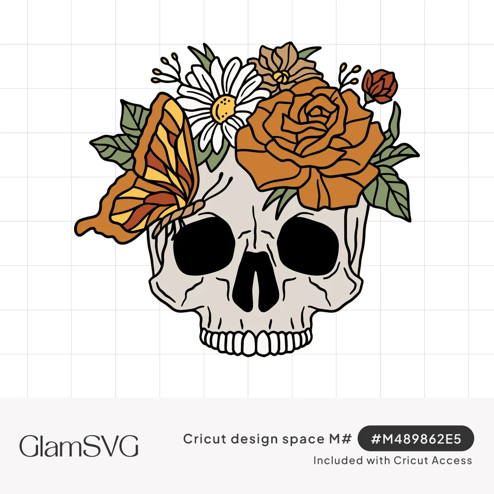 Illustrated skull topped with orange roses, a white daisy, green leaves and an amber butterfly in bold outlines