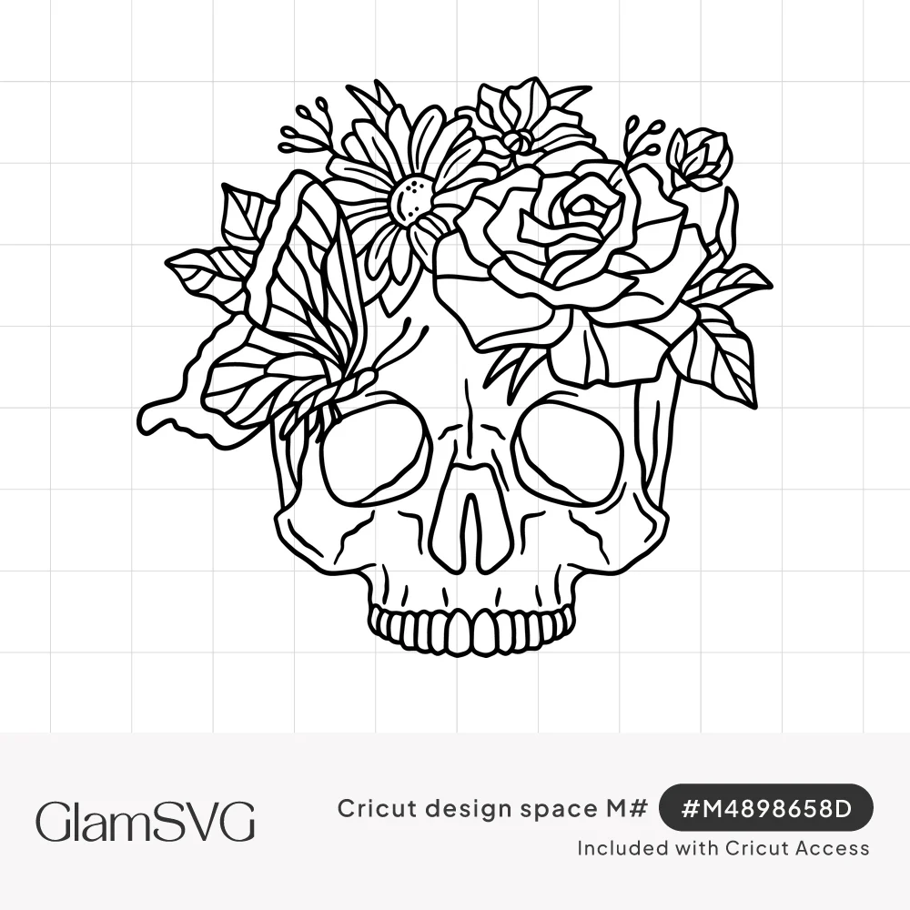Black outline drawing of a human skull topped with a rose, daisy, leaves, flower buds and a butterfly