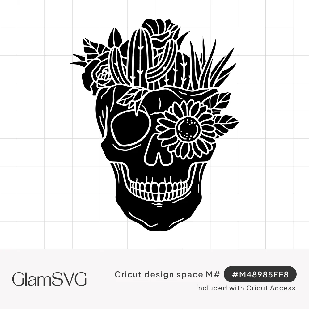 Black skull with cactus, roses and succulents growing from the top and a sunflower in one eye socket