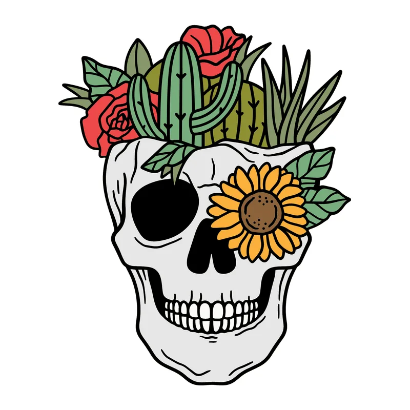 Skull With Flowers and Cactus