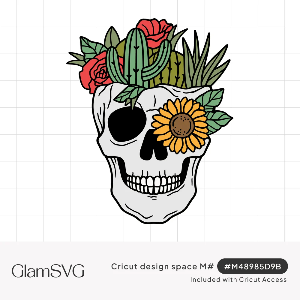 Illustrated white skull with cactus, succulents, red roses and leaves on top and a yellow sunflower over one eye