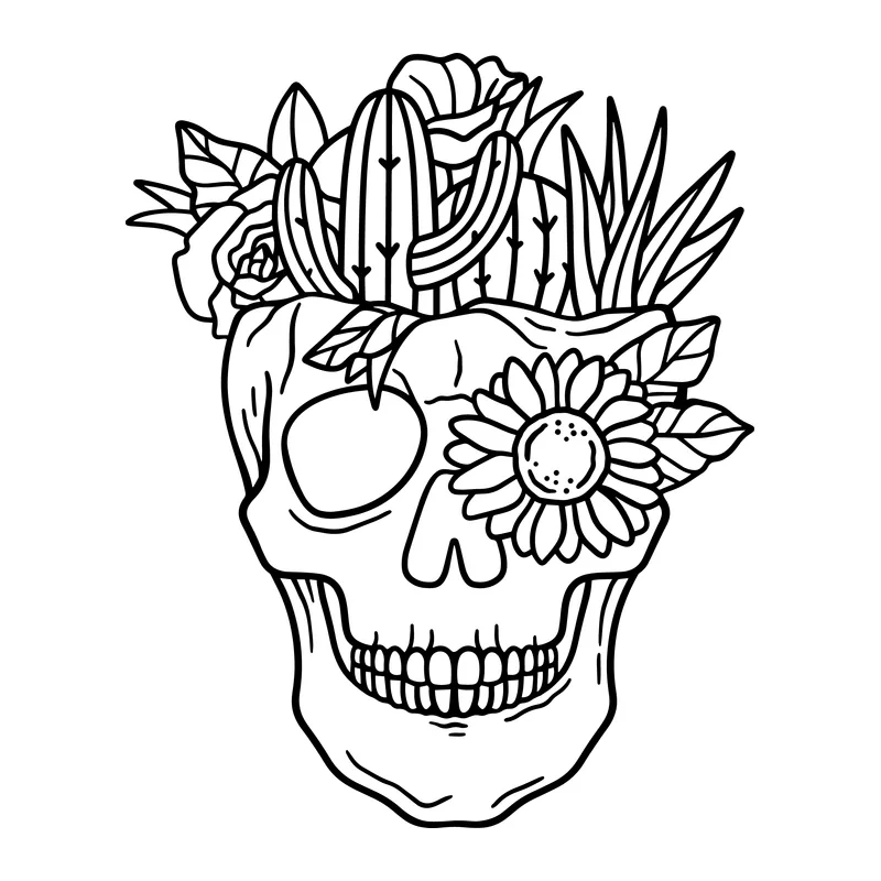 Skull Planter With Flowers and Cactus