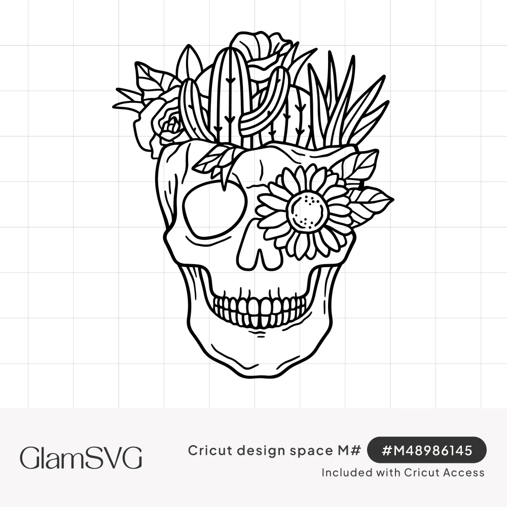 Black line art skull used as a planter with a cactus, succulents, roses and a sunflower covering one eye socket