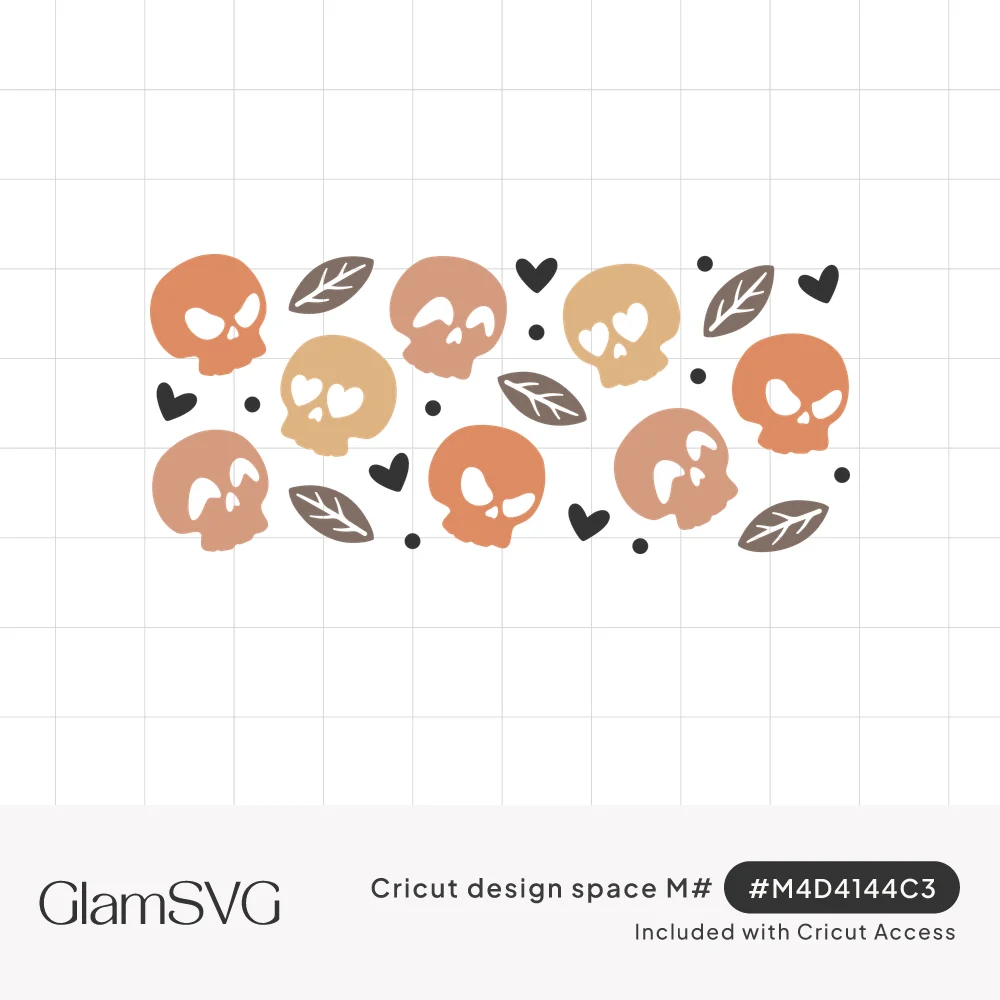 Repeating pattern of cute peach, coral and tan skulls with heart eyes, taupe leaves, black hearts and dots