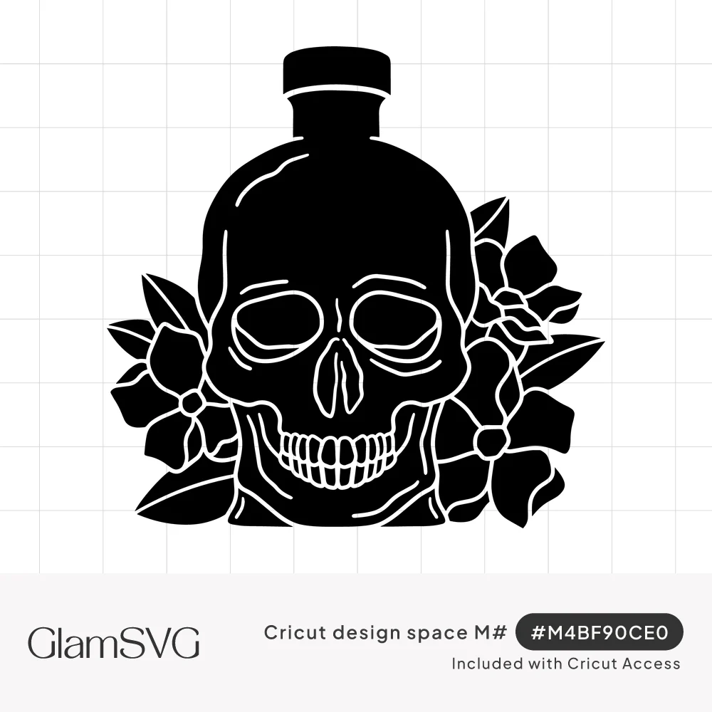 Black silhouette of a skull-shaped potion bottle with a cap, surrounded by flowers and leaves with white line details