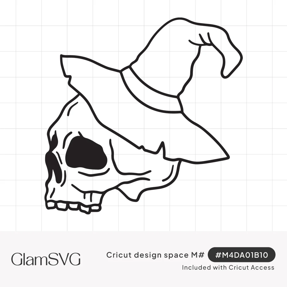 Black line art of a tilted human skull wearing a tall floppy witch hat with a crooked tip and band