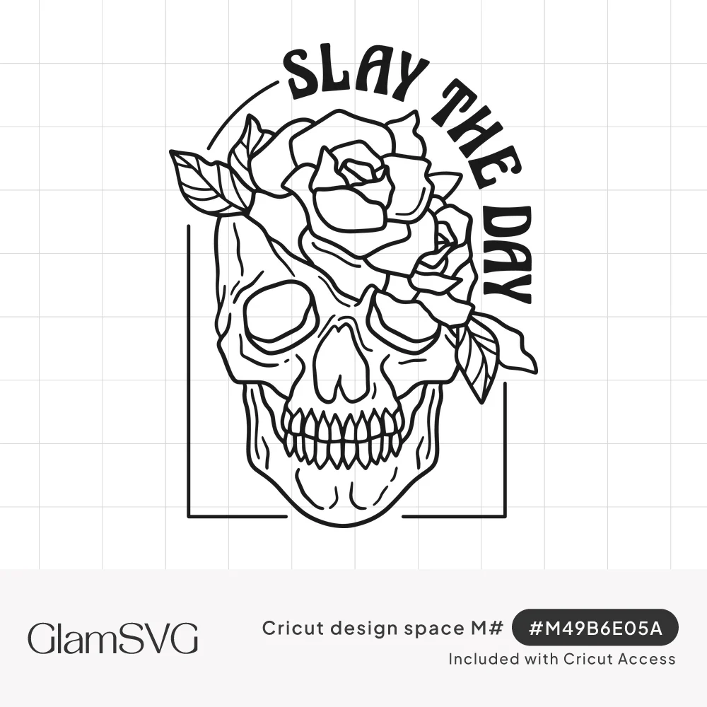 Black line-art skull topped with roses and leaves inside an arched frame, with Slay the Day lettering curving above