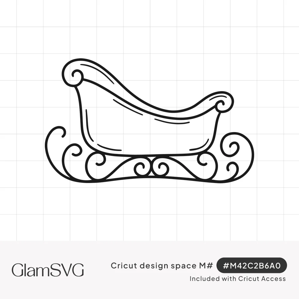 Black outline drawing of a Christmas sleigh with a curved body and decorative swirling scroll runners