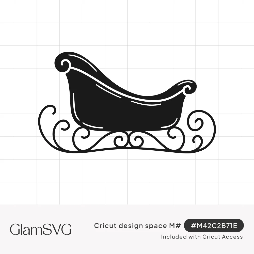 Black silhouette of a Christmas sleigh with scrolled ends and ornate swirling filigree runners on a white background