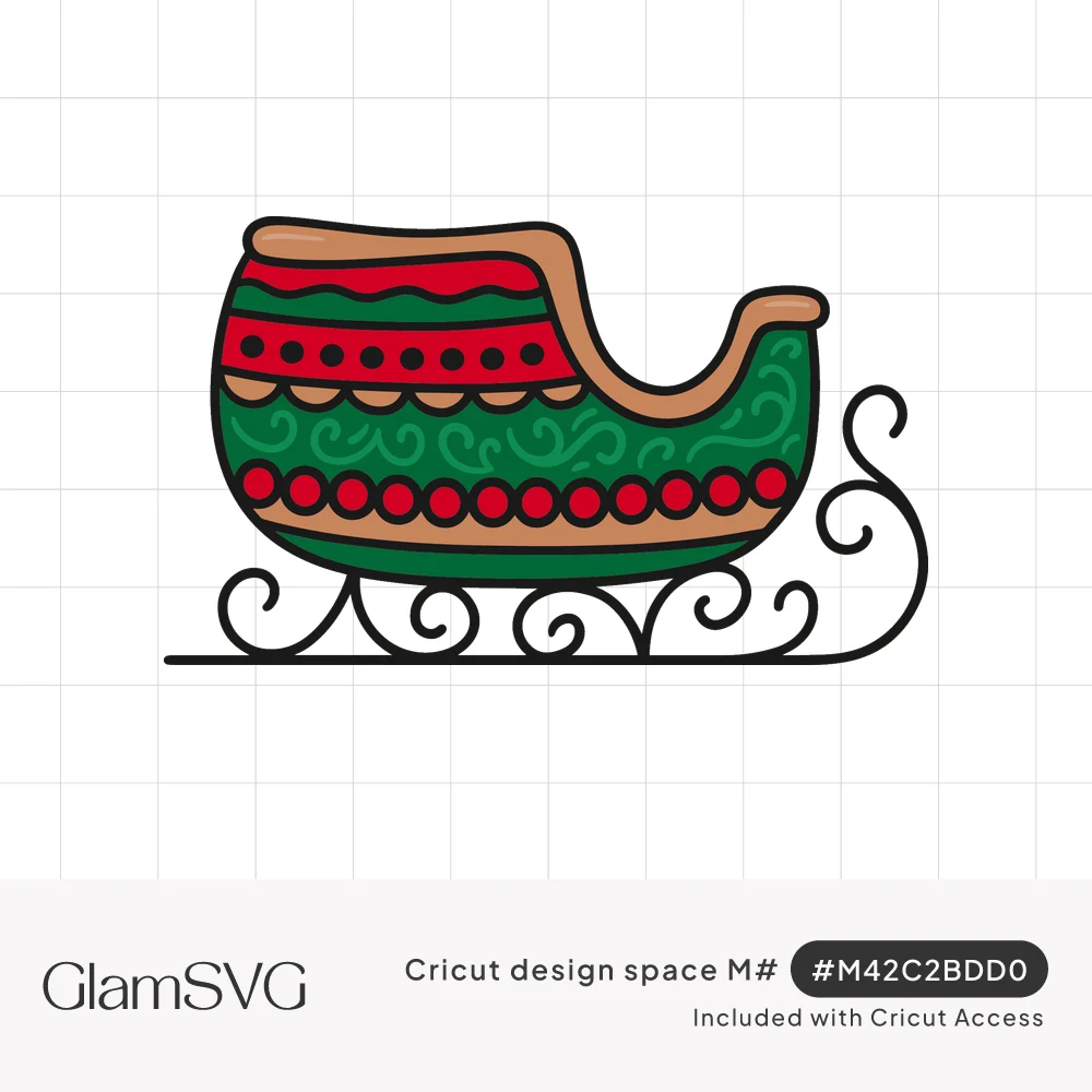 Red, green and tan Christmas sleigh with scalloped bands, dots, swirls and curly black scroll runners