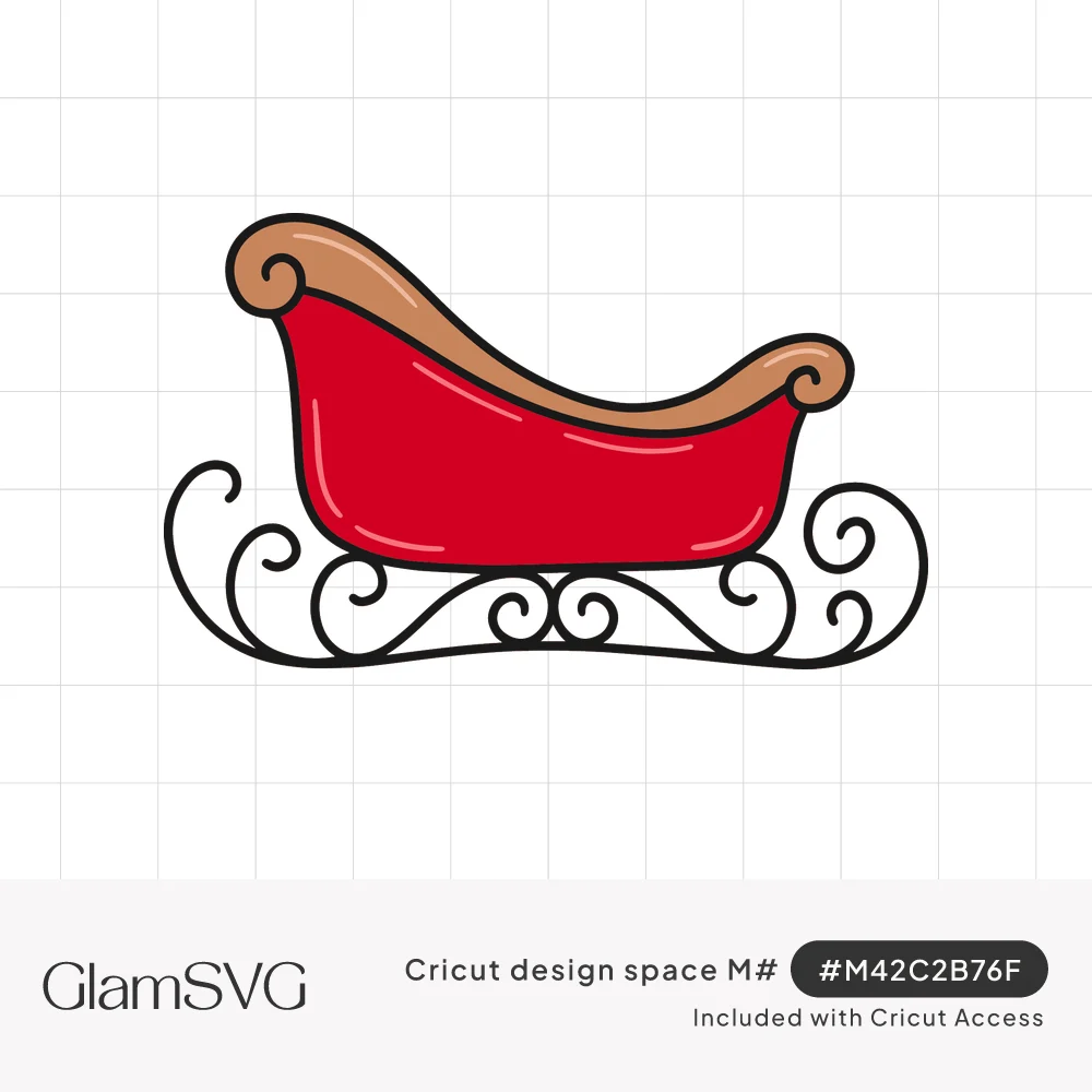 Red Christmas sleigh illustration with tan curled trim and swirling black scrollwork runners
