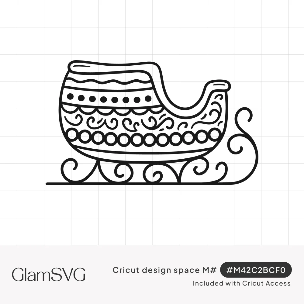 Black line drawing of a Christmas sleigh decorated with dots, swirls, wavy bands and circles on curly runners
