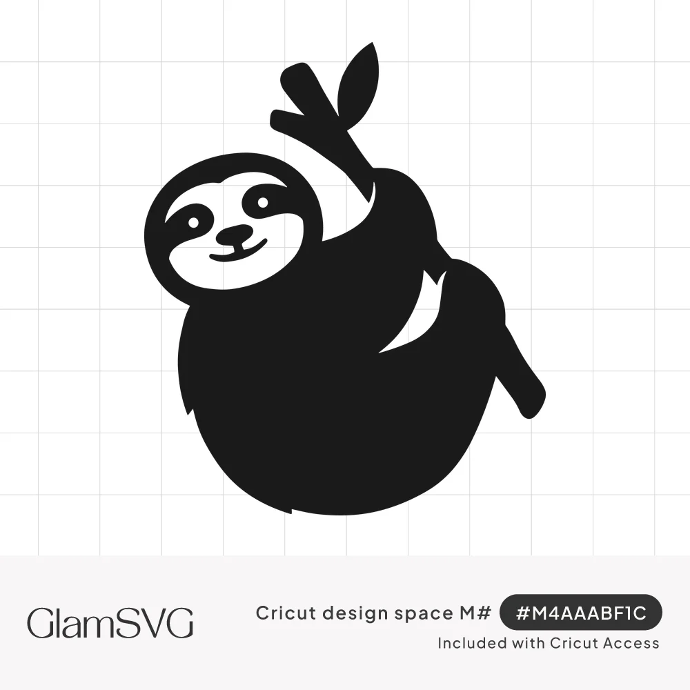 Black silhouette of a smiling sloth hanging from a leafy branch, face shown in white negative space