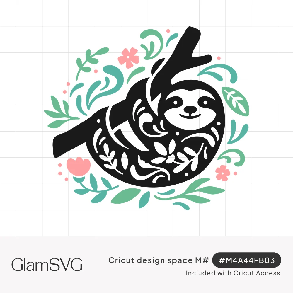 Black silhouette sloth hanging on a branch with white floral cutouts, framed by teal leaves and pink flowers
