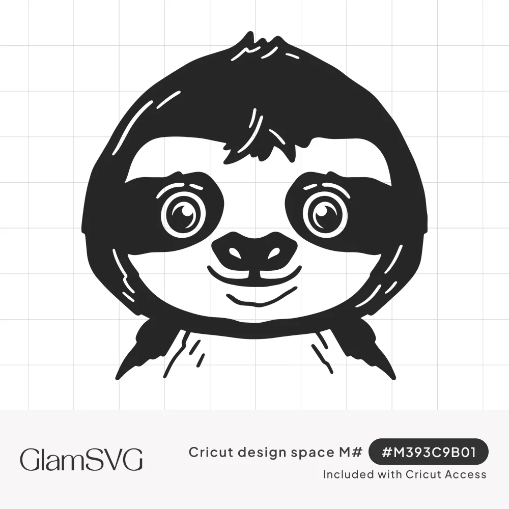 Black and white illustration of a smiling sloth face with big round eyes, dark eye patches and a shaggy hair tuft