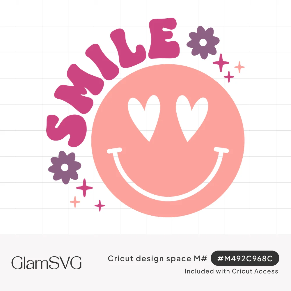Pink smiley face with white heart eyes under arched bubbly SMILE lettering, with purple daisies and sparkles