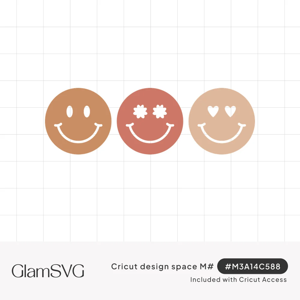 Three round smiley faces in terracotta, dusty rose and peach, with oval eyes, daisy eyes and heart eyes