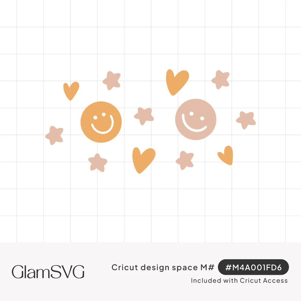 Two smiley faces in mustard orange and blush pink surrounded by small hearts and stars on a white background