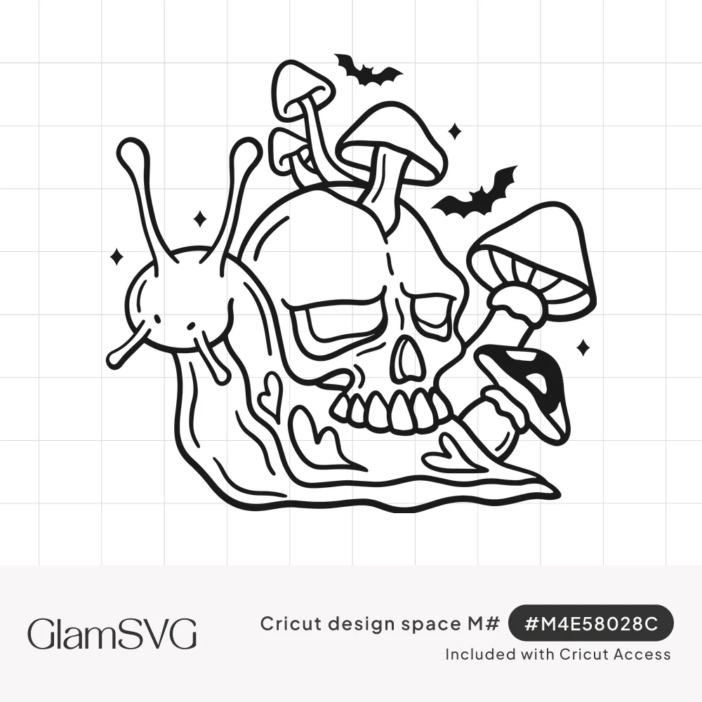 Line art snail with a skull for a shell, mushrooms growing from it, bats flying above and small sparkles around