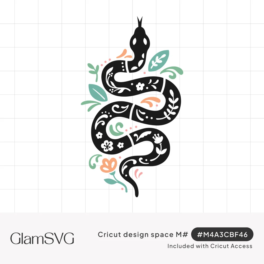 Black coiled snake with white folk-art floral patterns, surrounded by sage green leaves, peach flowers and pink dots