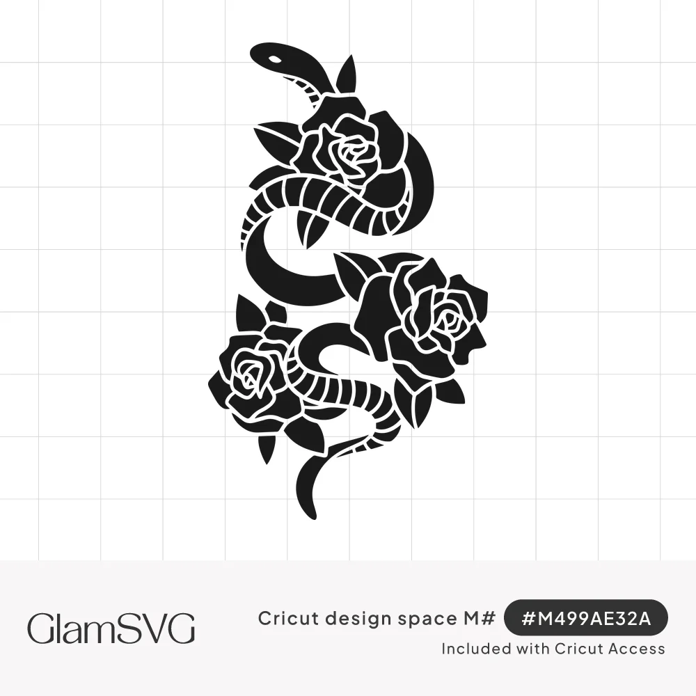 Black silhouette of a snake winding through three blooming roses with leaves, drawn in a bold tattoo style
