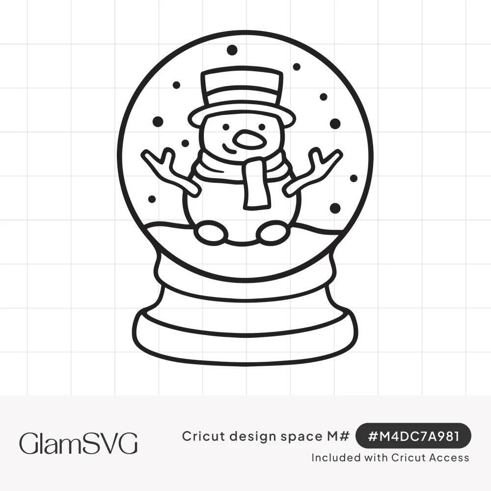 Black line drawing of a snow globe with a smiling snowman in a top hat and scarf inside, falling snow dots, on a pedestal bas