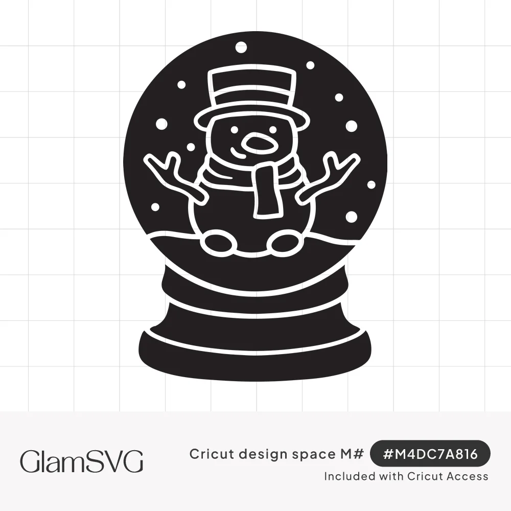 Black silhouette snow globe with a white line snowman in a top hat and scarf, arms raised, surrounded by falling snow dots