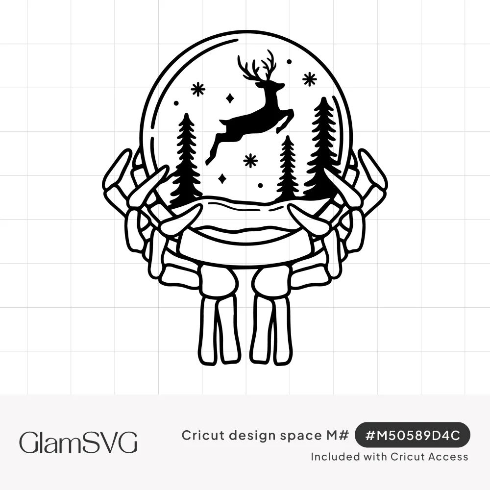 Black line art of skeleton hands holding a snow globe with a leaping reindeer, pine trees, stars and snowflakes inside