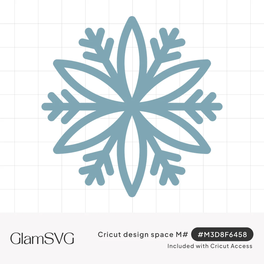 Dusty blue outline snowflake with six almond-shaped petals crossing at the center and feathered branch arms between them