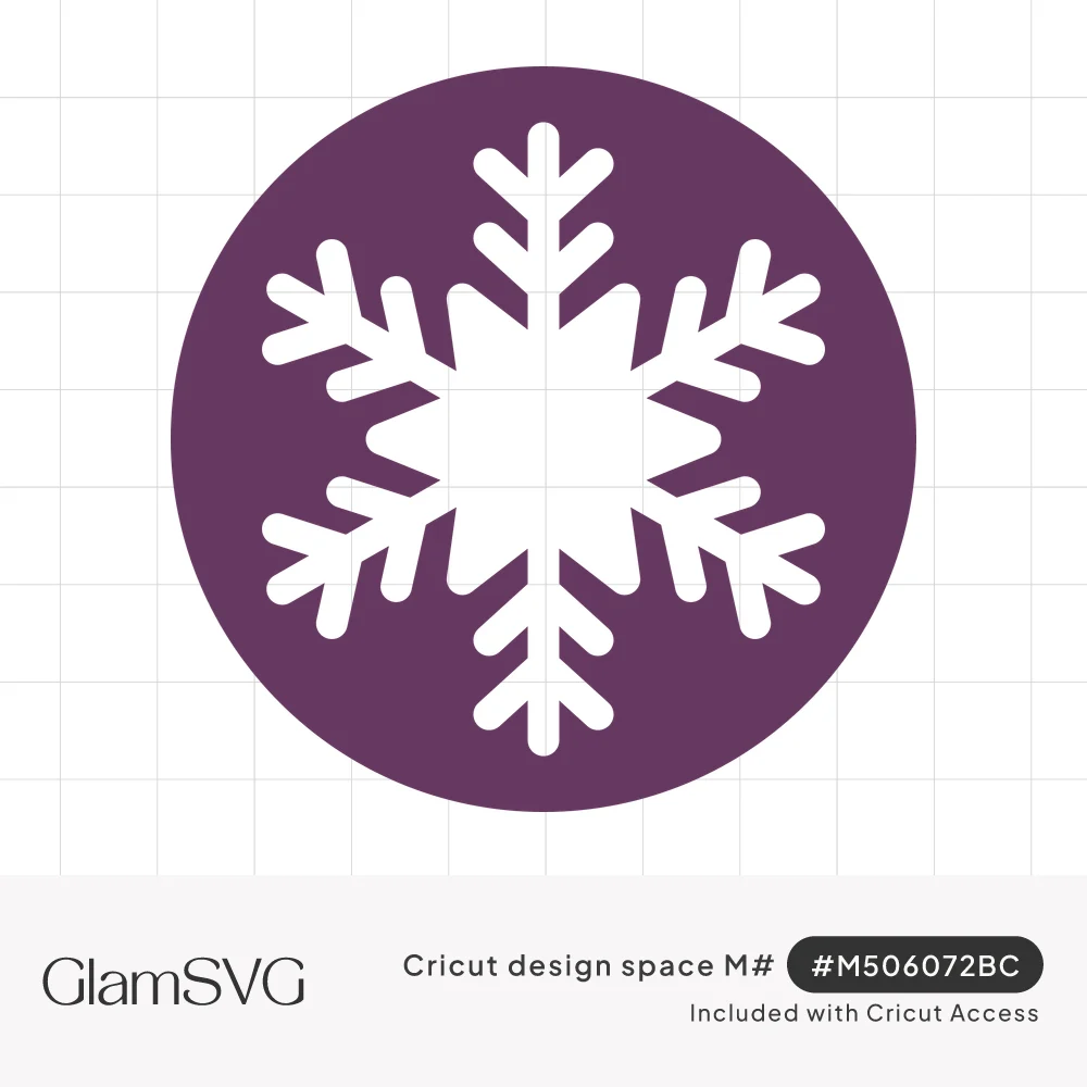 White six-armed snowflake with branched arms and rounded tips inside a solid plum purple circle
