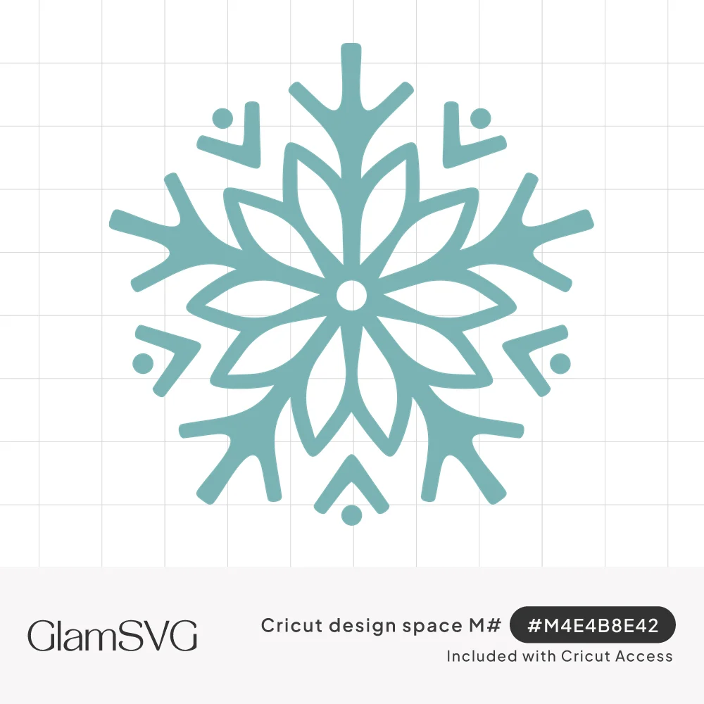 Teal six-armed snowflake with a petal star center, small open circle and dotted chevron accents between the branches