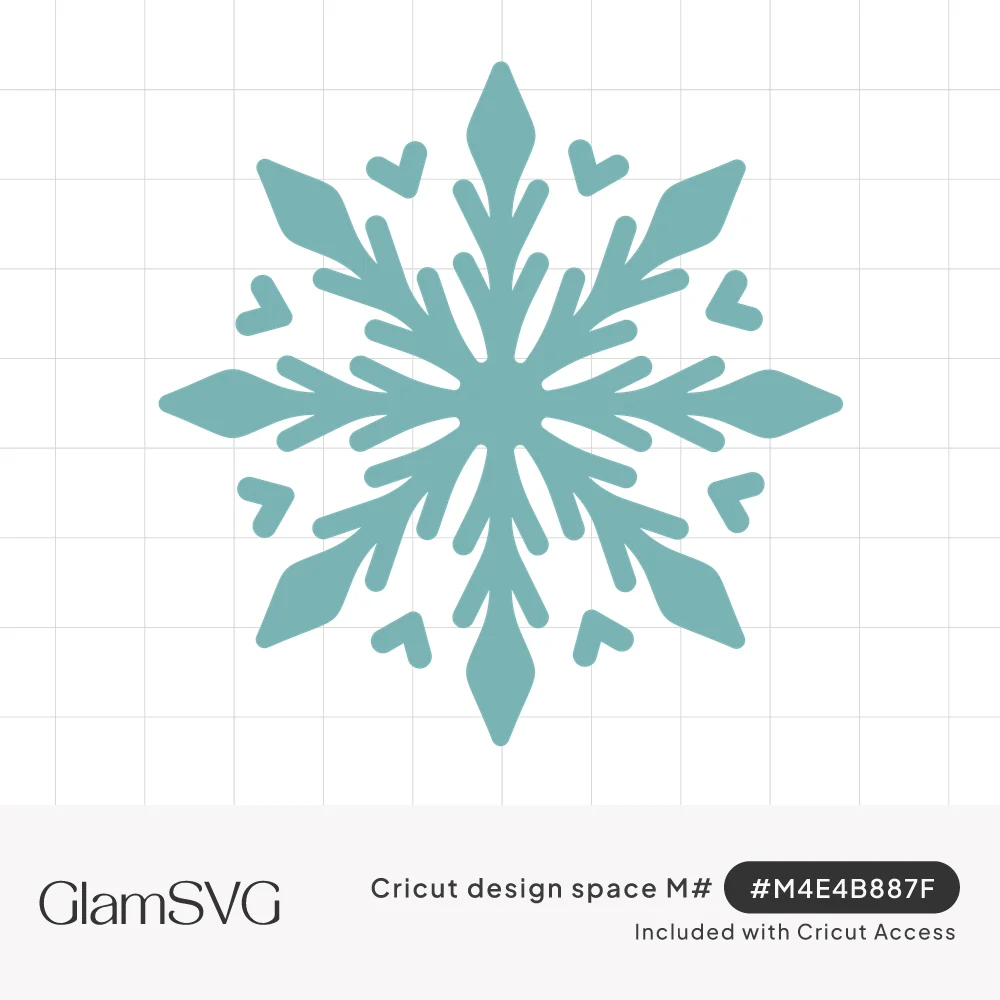 Teal eight-armed snowflake with diamond-tipped branches and small hearts set between the arms
