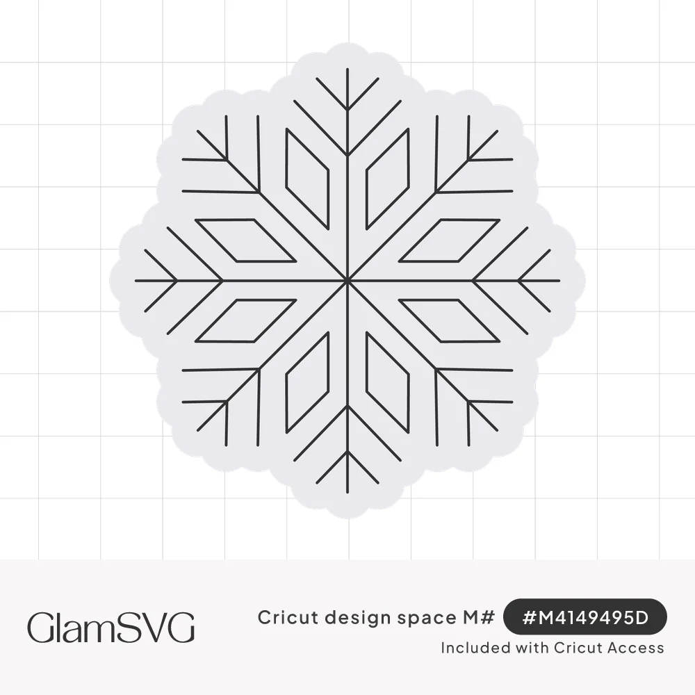 Six-point line art snowflake with feathered branches and diamond shapes on a scalloped six-lobed backing shape