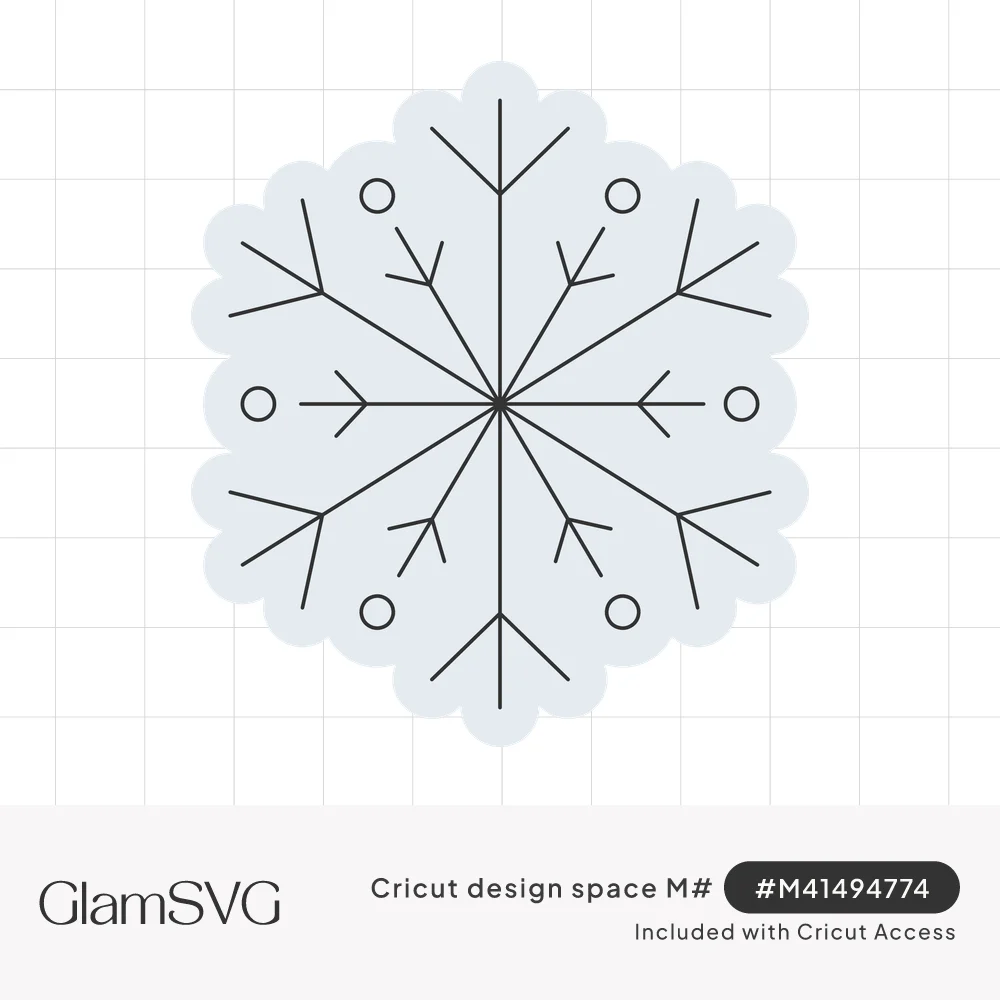 Pale blue scalloped hexagon snowflake with thin gray branching arms and small circle accents