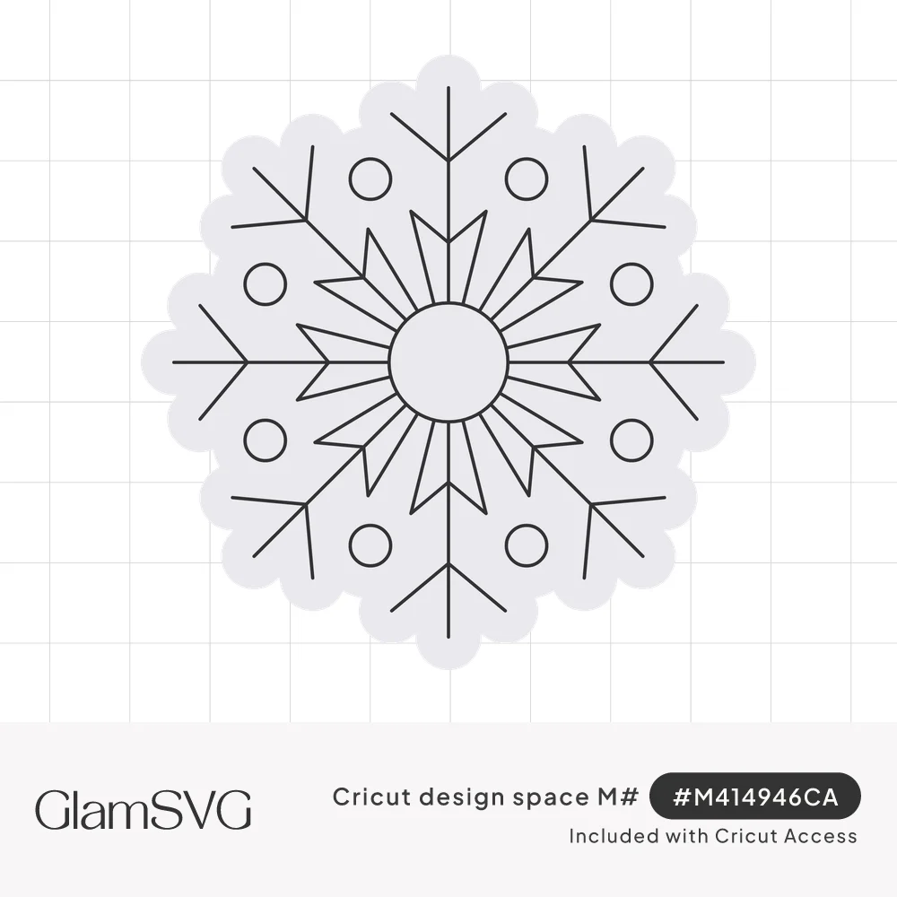 Pale gray scalloped snowflake with thin line details, six branching arms, a round center and small circles between the arms