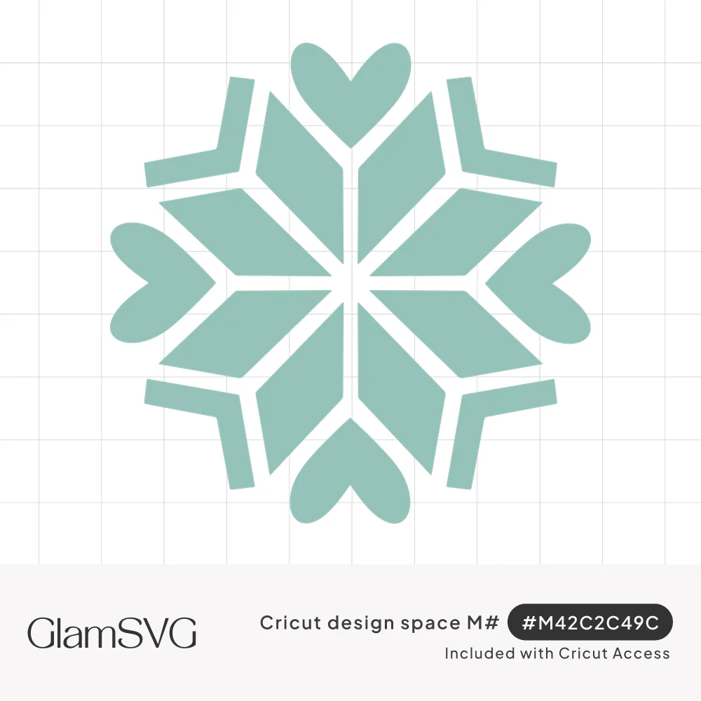Teal geometric snowflake with diamond petals, chevron arms and four heart shapes at its tips