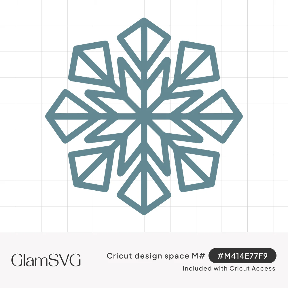 Slate blue geometric outline snowflake with eight angular arms ending in faceted kite-shaped tips
