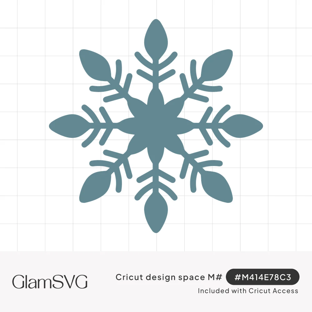Slate blue six-point snowflake silhouette with branching spokes and rounded leaf-shaped tips around a star center