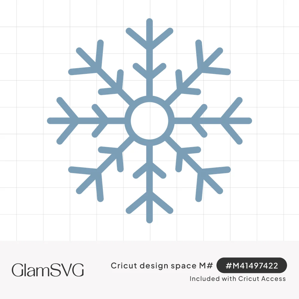 Six-armed line art snowflake in soft blue with branching tips and an open circle at the center
