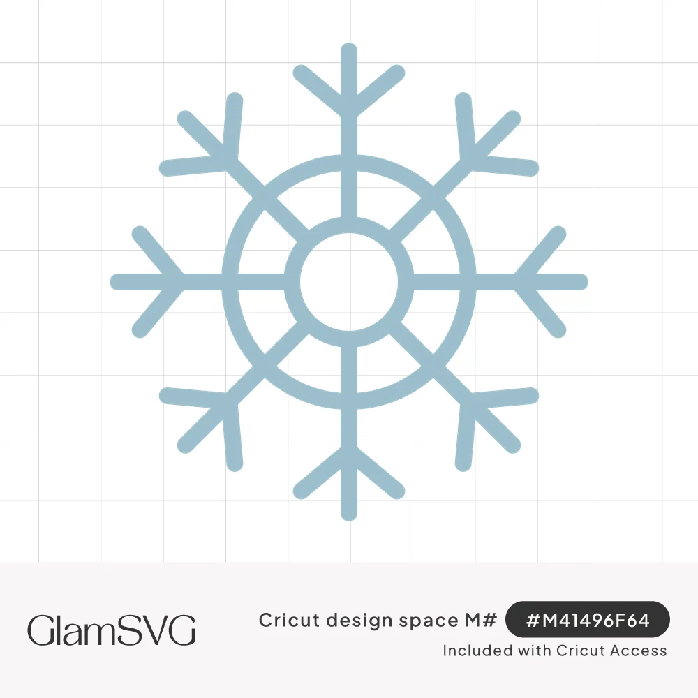 Pale blue line-drawn snowflake with eight branching arms and two concentric rings at the center