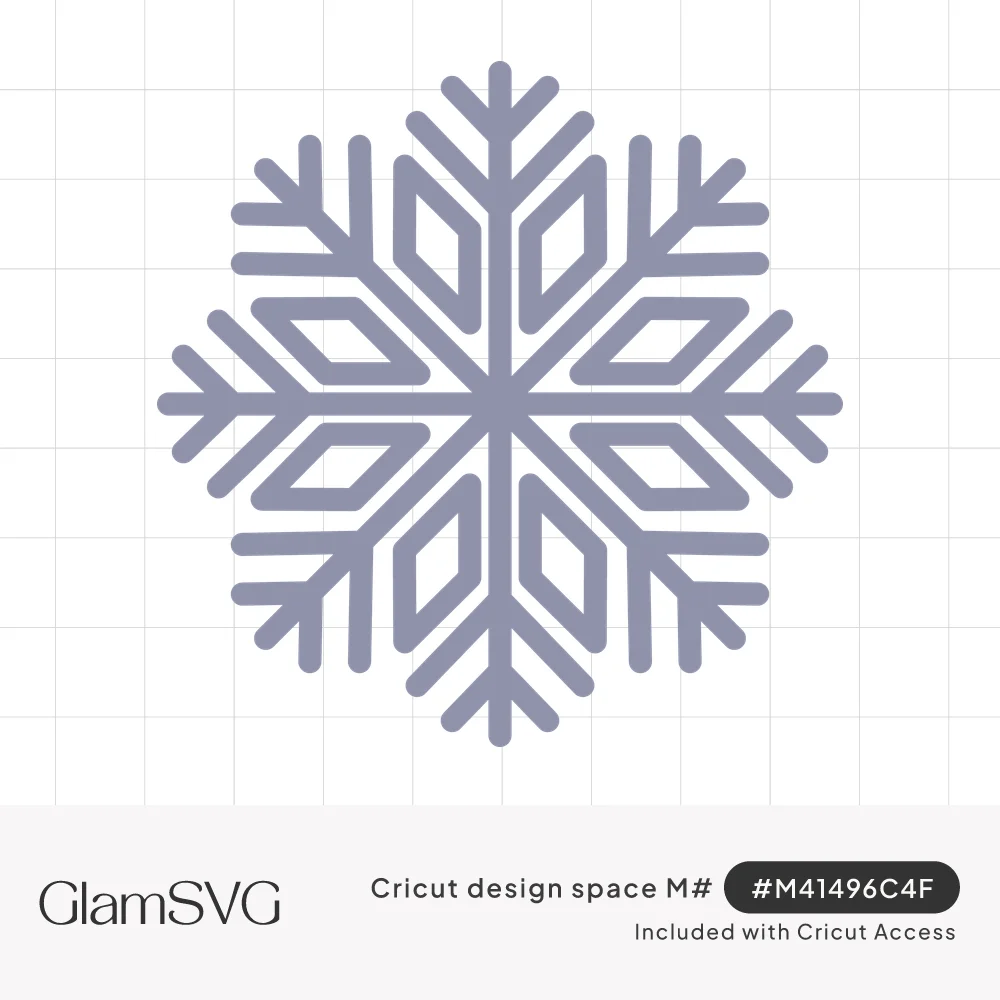 Line-art snowflake with six branching arms and open diamond shapes between them, in soft gray-blue