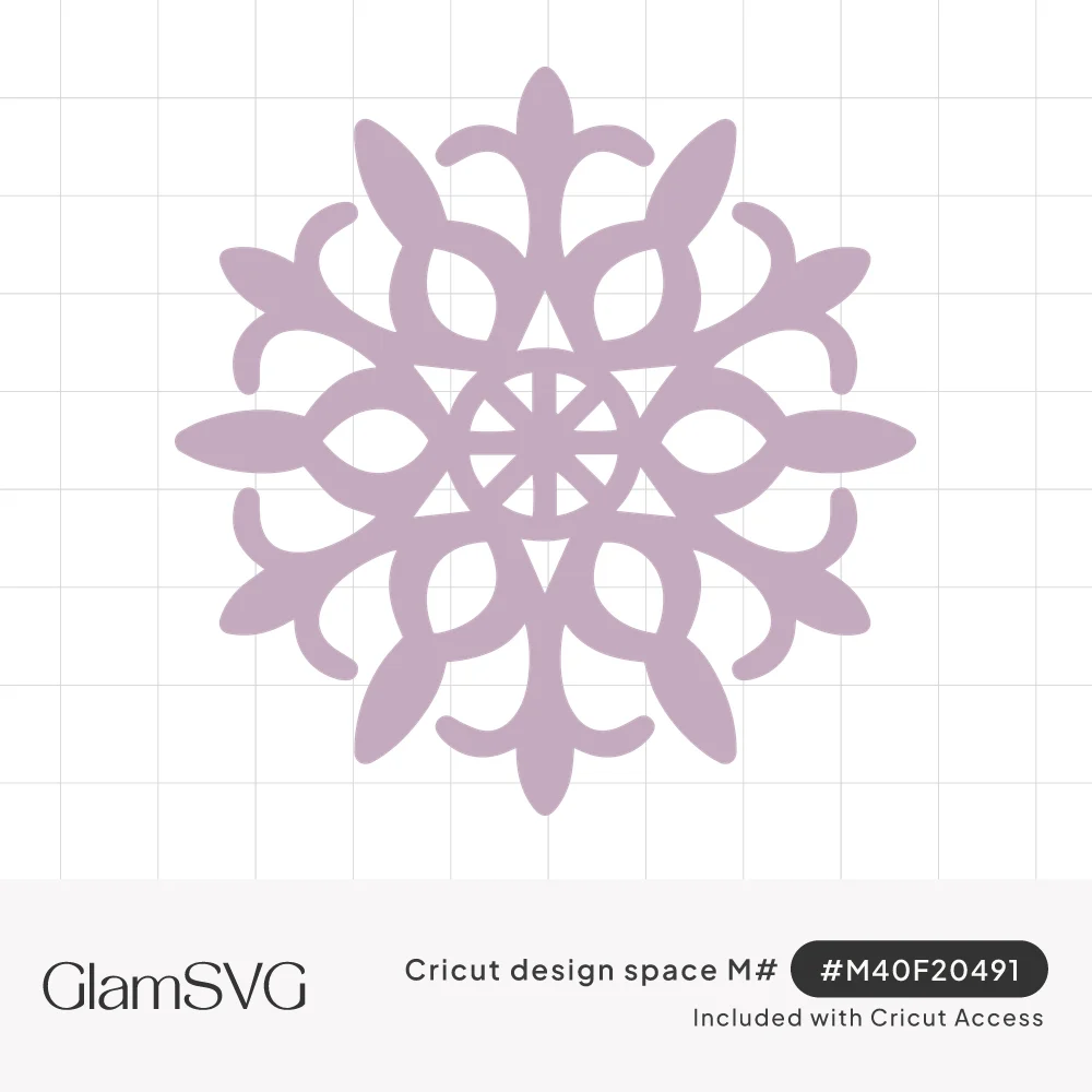 Lavender six-pointed ornate snowflake with curling scroll arms, fleur-de-lis tips and a spoked wheel center