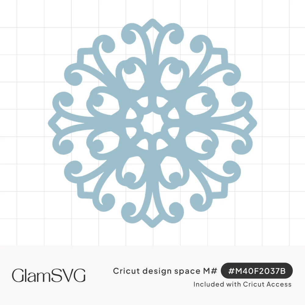 Light blue ornate snowflake with six arms of curling scrollwork around a star-shaped center opening