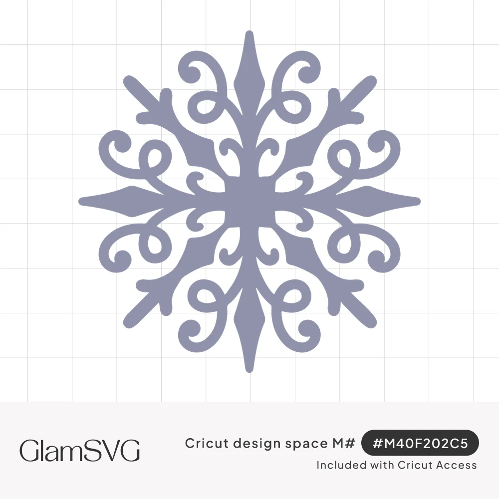 Six-pointed snowflake with pointed arms and curling decorative scrolls, shown in a soft gray-blue silhouette