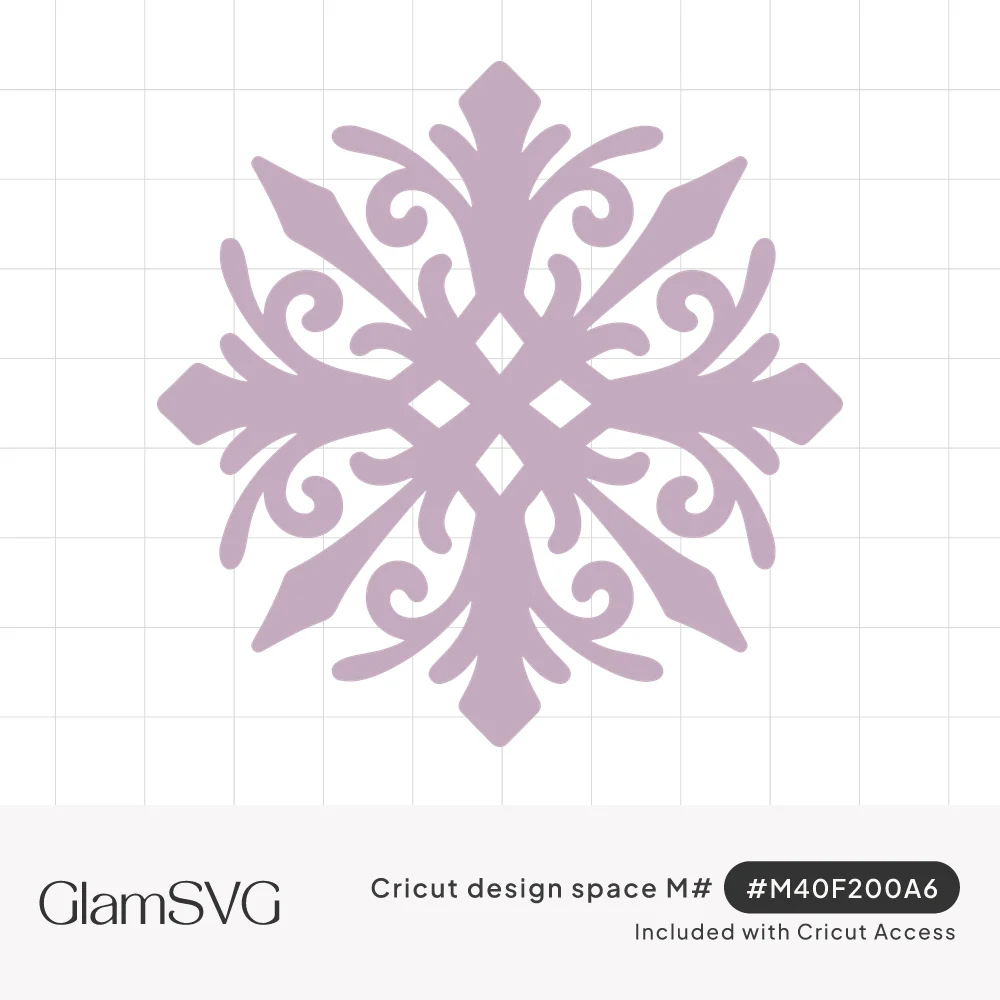 Lavender ornate snowflake with curled scroll flourishes, pointed diamond tips and a cutout center on a white background