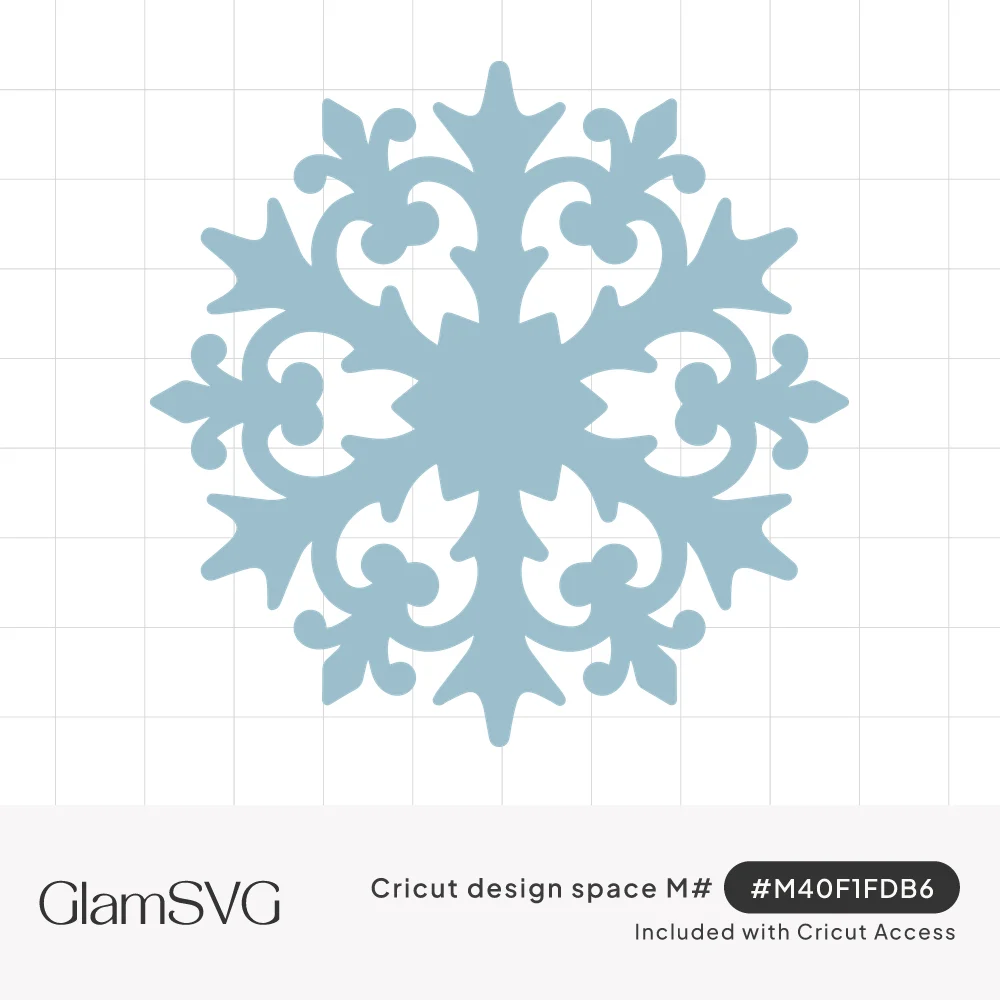 Pale blue six-armed snowflake with curling scrollwork, fleur-de-lis tips and open cutouts around a solid center