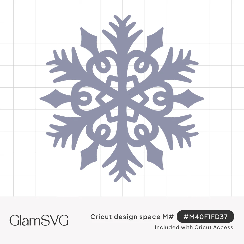 Six-pointed snowflake silhouette with feathered branches, diamond tips and curled scrolls around a star center
